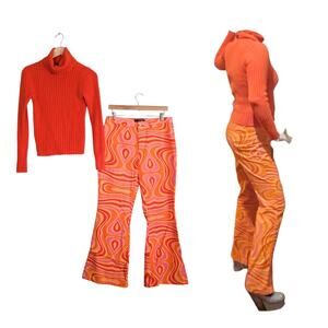 60s 70s Hippie Brady Bunch Costume Womens M To L Bell Top Psychedelic Orange
